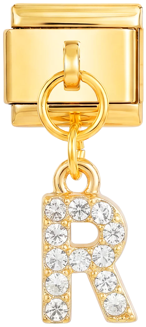Letter R with stones, Hanging, on Gold