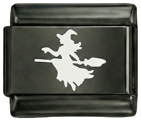 Witch on her Broom in White on Black Charm